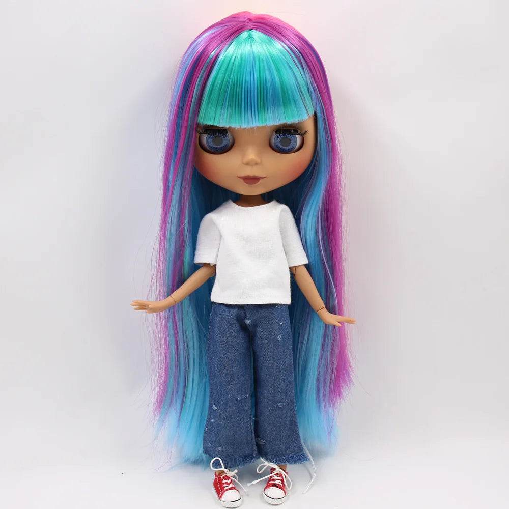 ICY DBS Blyth Doll No.BL7color Colorful Rainbow Hair Black Matte Face 1/6 BJD Anime Girl - ToylandEU