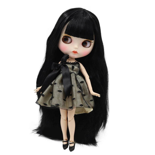 ICY DBS Blyth Doll White Skin Joint Body Black Straight Hair New Matte Face with Eyebrows Lip Gloss BL117 - ToylandEU