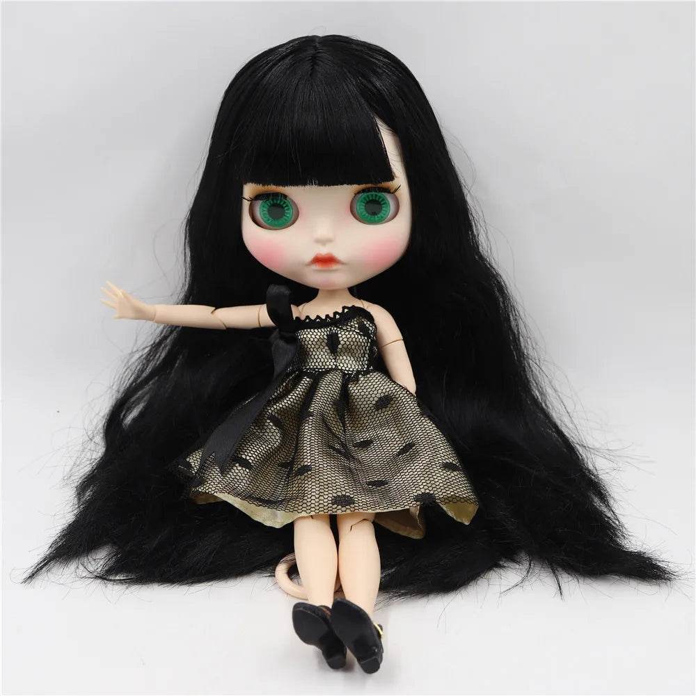 ICY DBS Blyth Doll White Skin Joint Body Black Straight Hair New Matte Face with Eyebrows Lip Gloss BL117 - ToylandEU