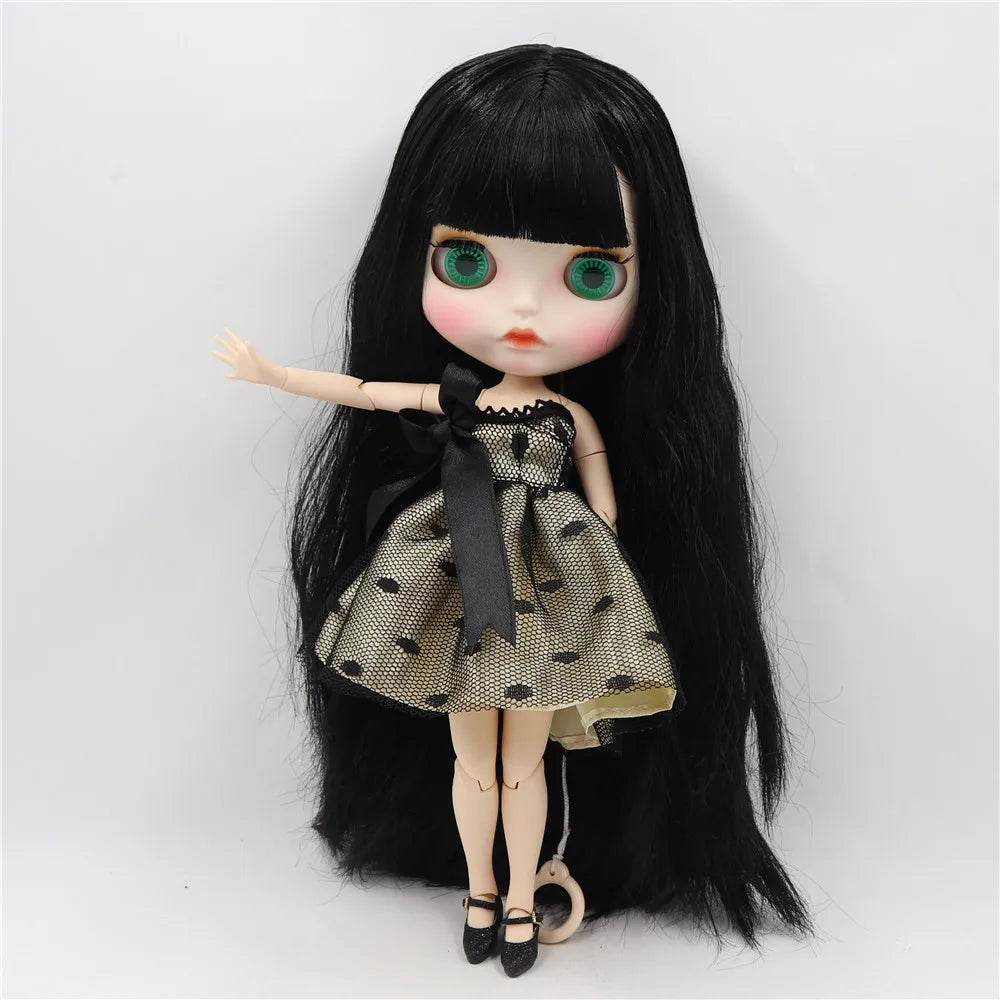 ICY DBS Blyth Doll White Skin Joint Body Black Straight Hair New Matte Face with Eyebrows Lip Gloss BL117 - ToylandEU