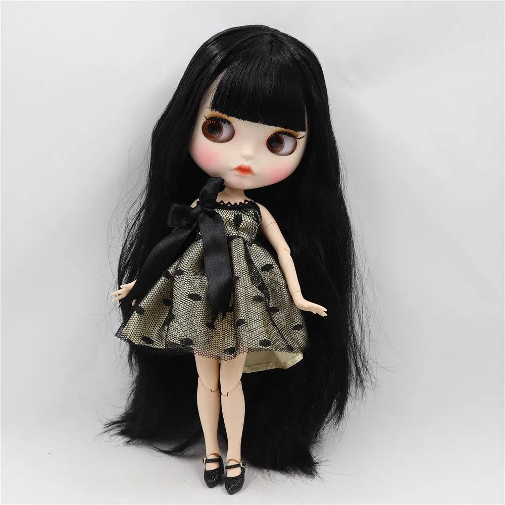 ICY DBS Blyth Doll White Skin Joint Body Black Straight Hair New Matte Face with Eyebrows Lip Gloss BL117 - ToylandEU