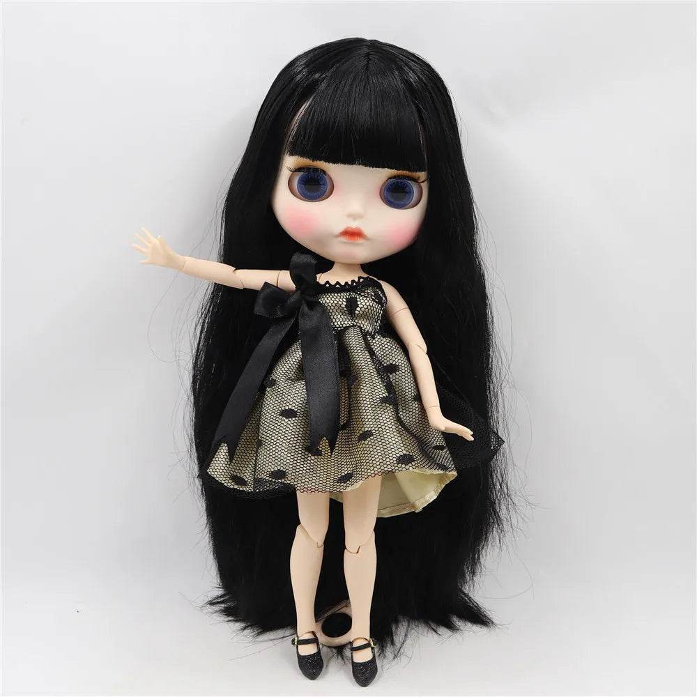 ICY DBS Blyth Doll White Skin Joint Body Black Straight Hair New Matte Face with Eyebrows Lip Gloss BL117 - ToylandEU