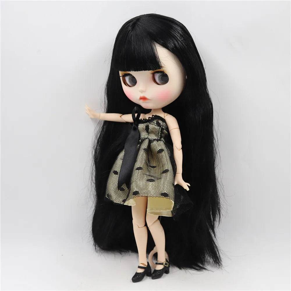 ICY DBS Blyth Doll White Skin Joint Body Black Straight Hair New Matte Face with Eyebrows Lip Gloss BL117 - ToylandEU