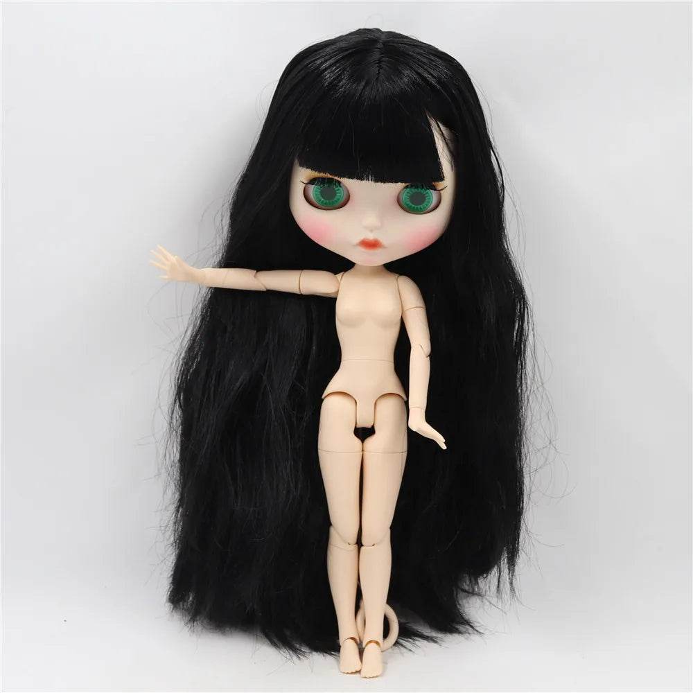 ICY DBS Blyth Doll White Skin Joint Body Black Straight Hair New Matte Face with Eyebrows Lip Gloss BL117 - ToylandEU
