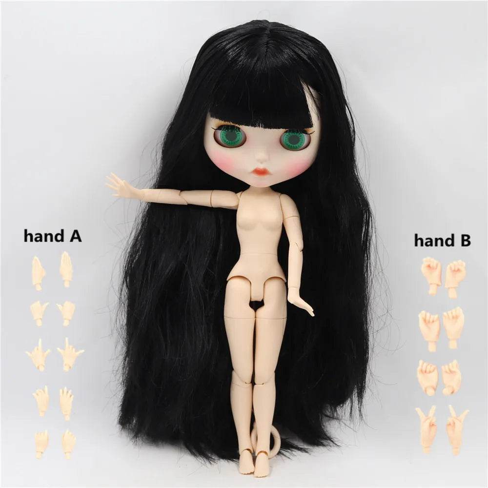 ICY DBS Blyth Doll White Skin Joint Body Black Straight Hair New Matte Face with Eyebrows Lip Gloss BL117 - ToylandEU