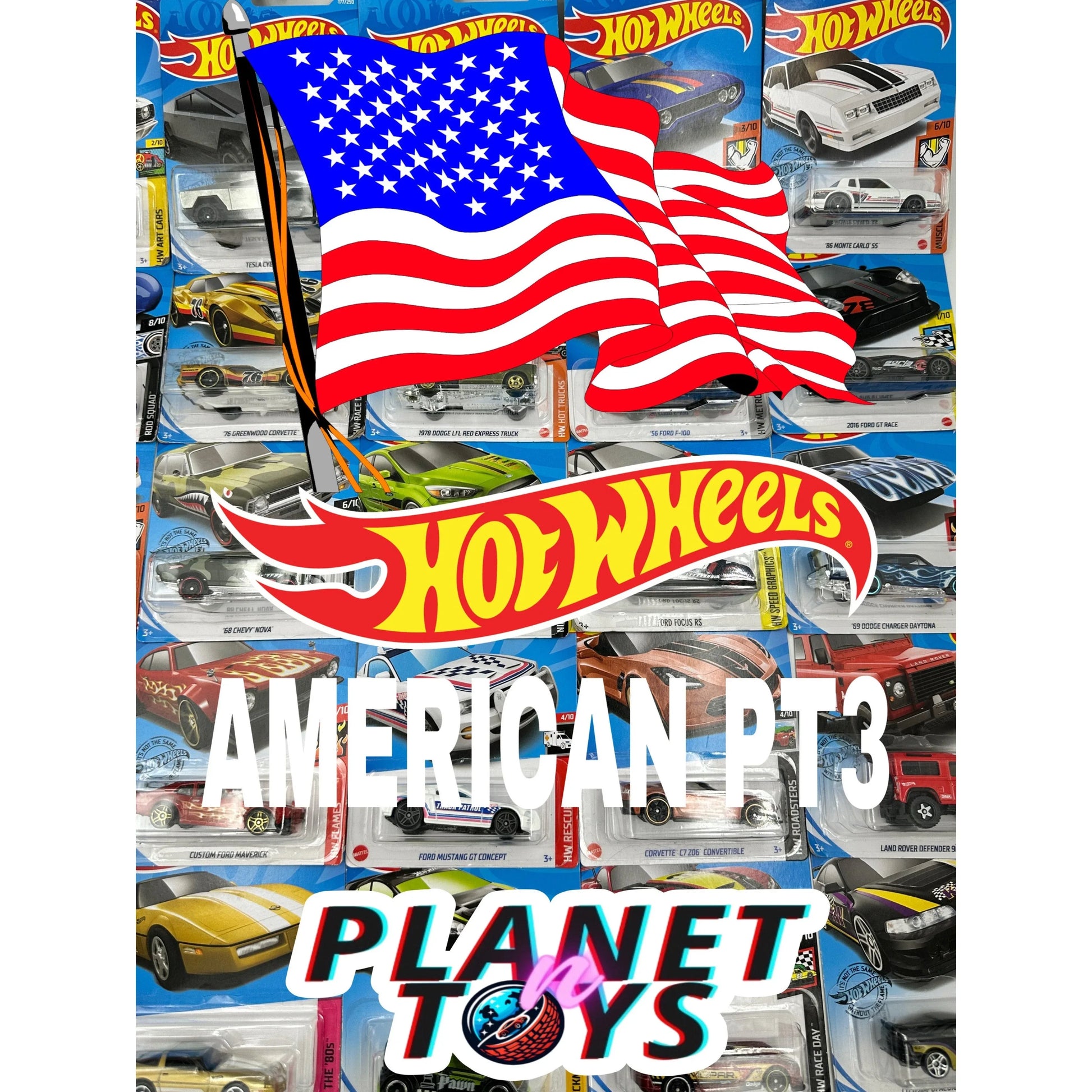 Hot Wheels American Power (V3)1:64 Diecast Assorted (Ford, Chevy, Dodge, Mustang, Corvette, GMC, Jeep, Merc, Camaro) - ToylandEU