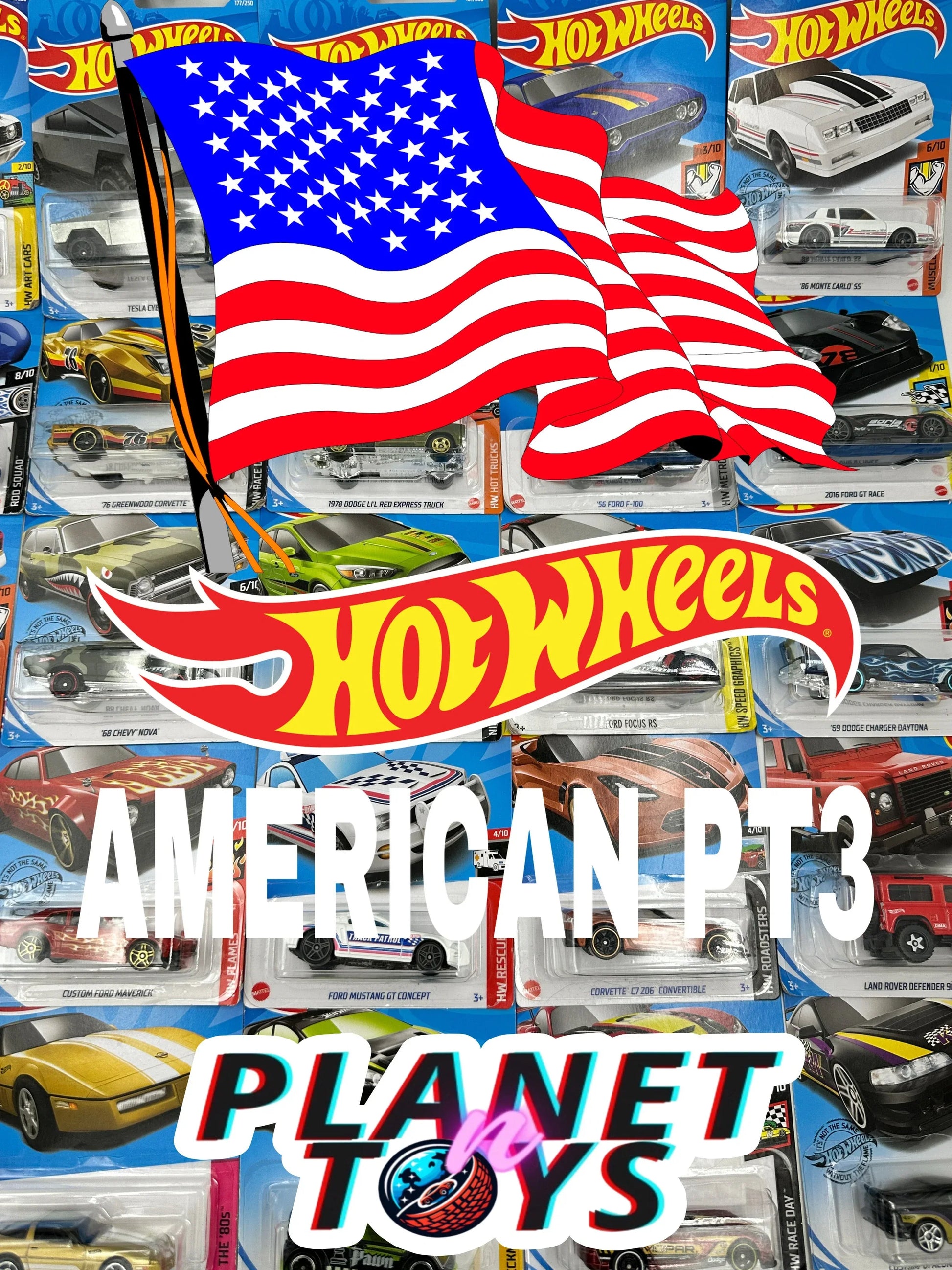 Hot Wheels American Power (V3)1:64 Diecast Assorted (Ford, Chevy, Dodge, Mustang, Corvette, GMC, Jeep, Merc, Camaro) - ToylandEU