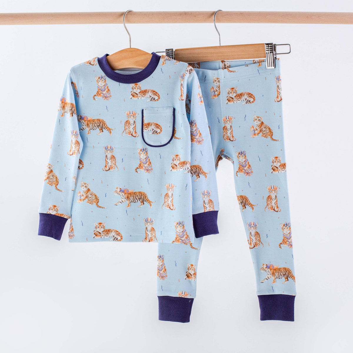 Organic Cotton Kids Pajamas | Blue Tigers Print | Zipper Closure | Toddler Sizes