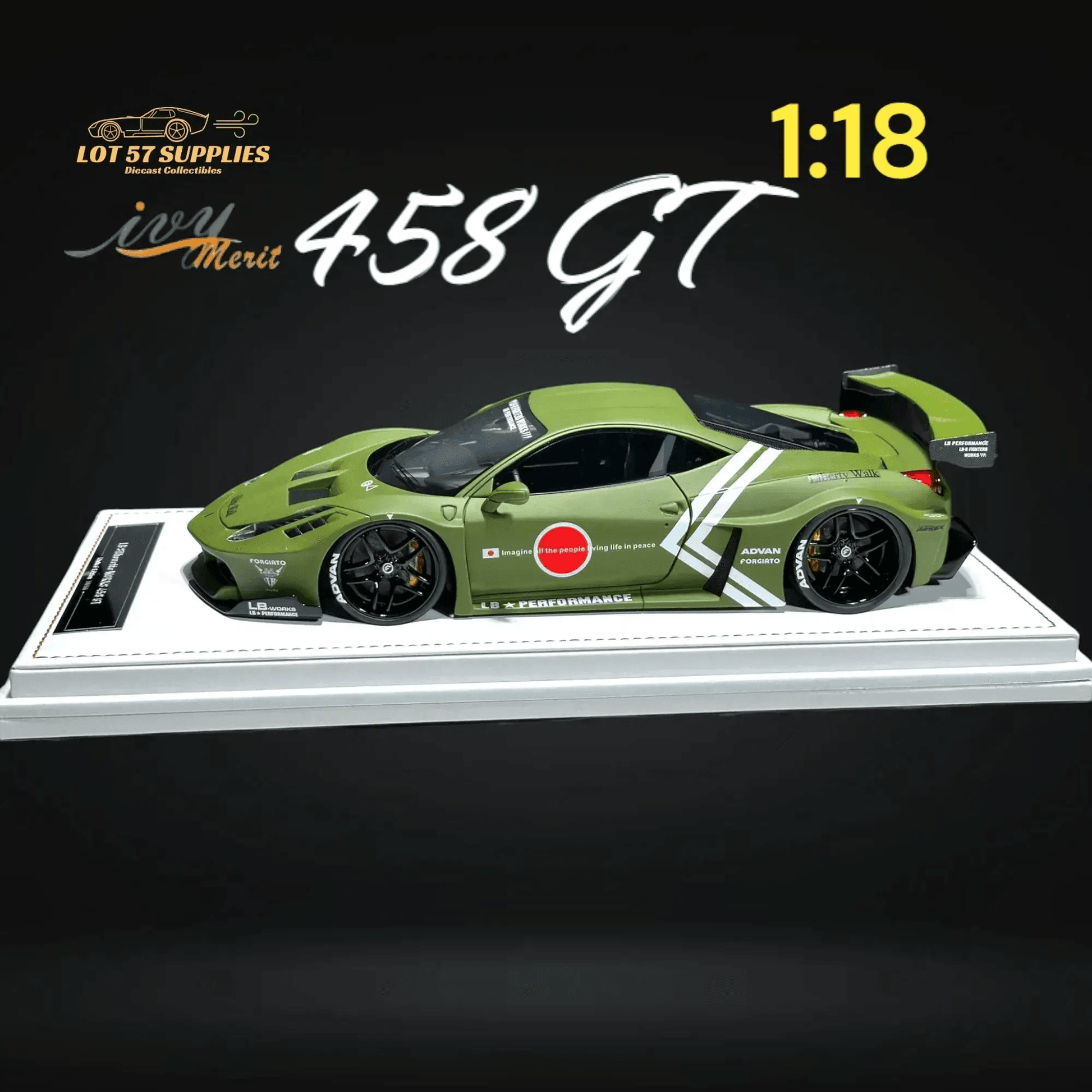 IVY MERIT 458 GT Fighter Green LBWK LB Silhouette Resin 1:18 Scale - ToylandEU