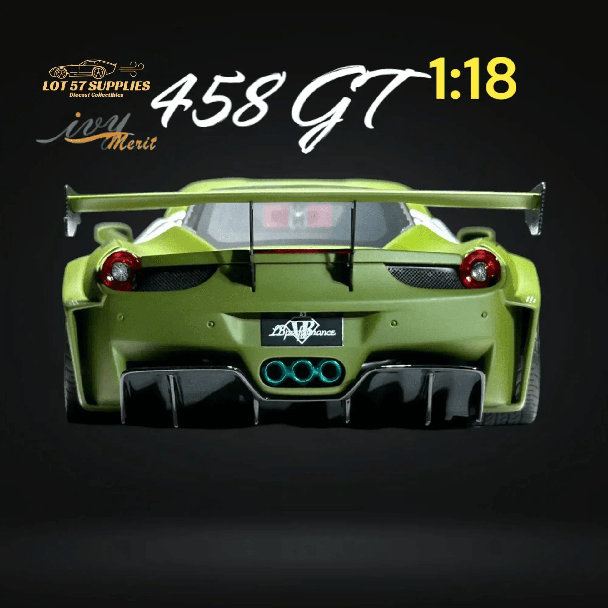 IVY MERIT 458 GT Fighter Green LBWK LB Silhouette Resin 1:18 Scale - ToylandEU