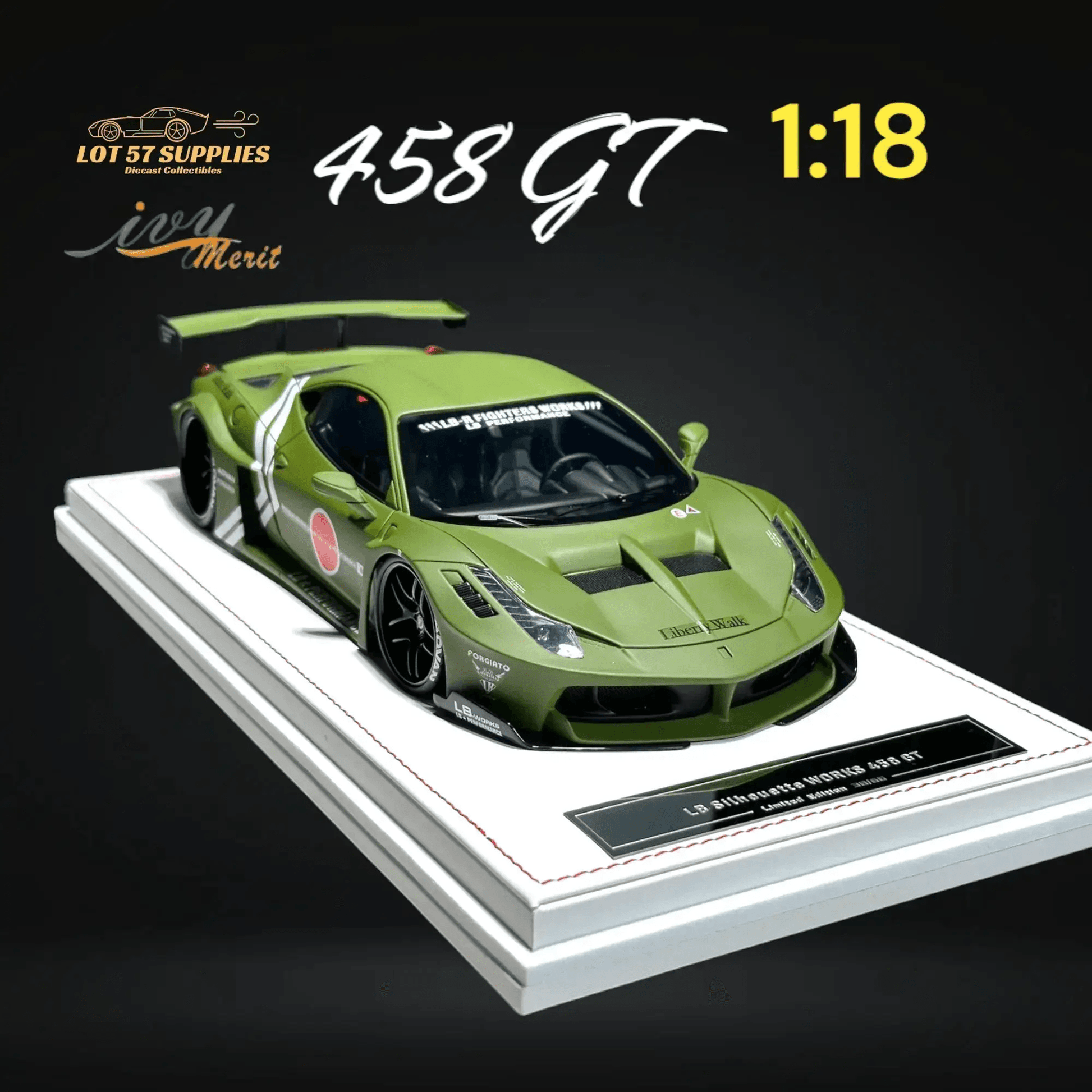IVY MERIT 458 GT Fighter Green LBWK LB Silhouette Resin 1:18 Scale - ToylandEU