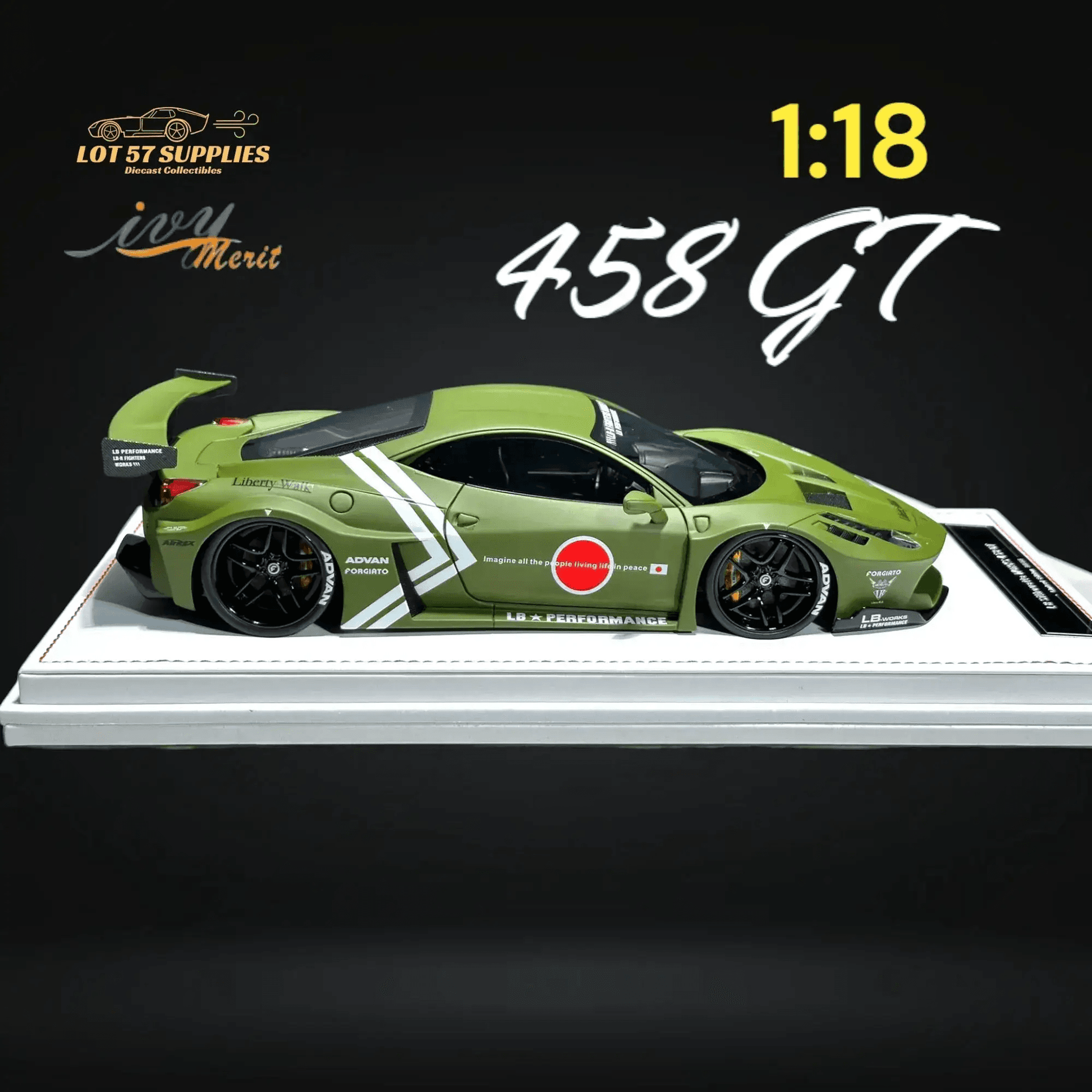 IVY MERIT 458 GT Fighter Green LBWK LB Silhouette Resin 1:18 Scale - ToylandEU