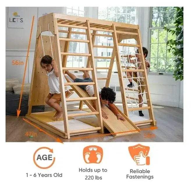 Indoor Wooden Jungle Gym Playground Six In One Climber Set - ToylandEU