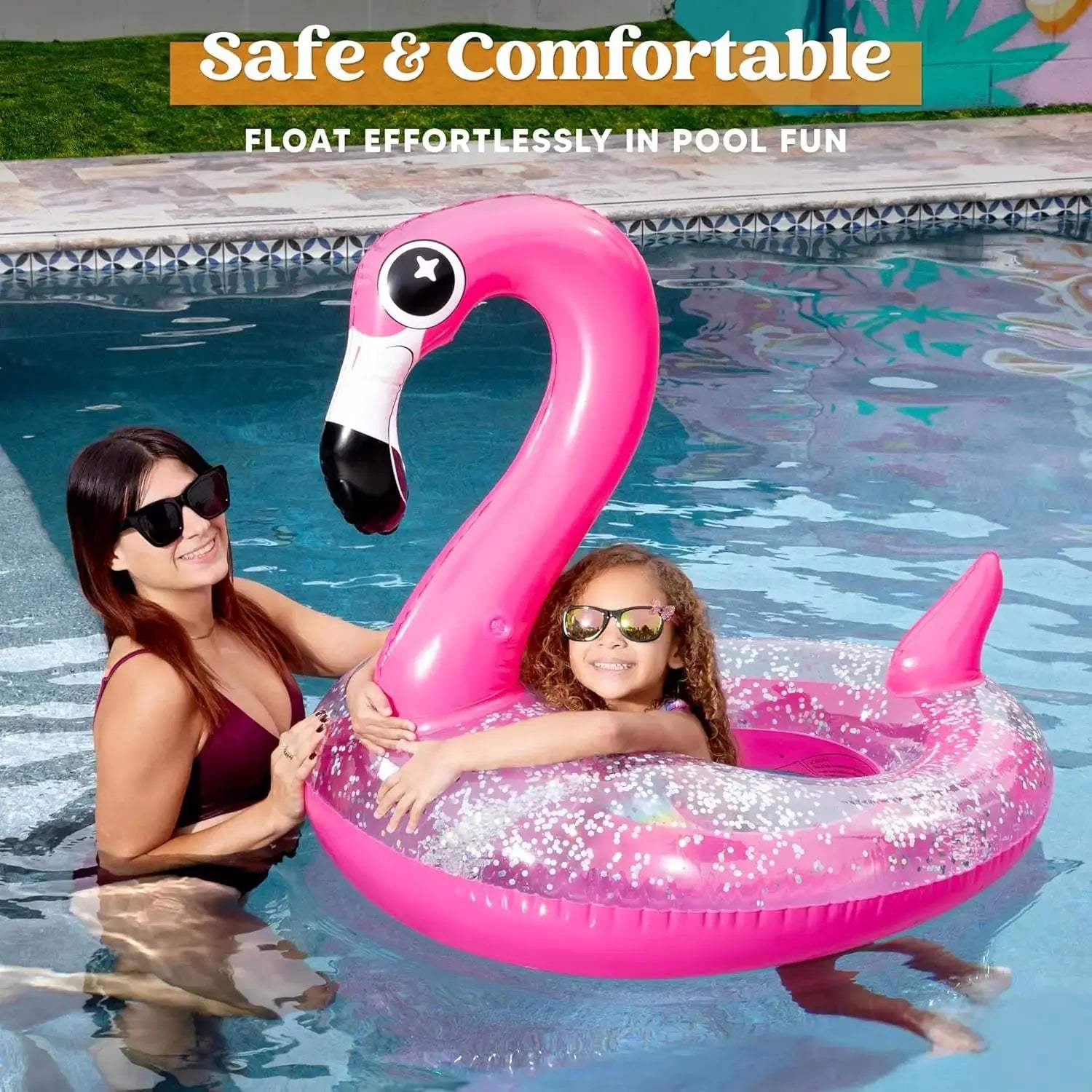 Inflatable Flamingo Pool Floats Flamingo Pool Tube Swim Ring Floaties with Glitter for Adults Kids Floating Fun Beach Lake Float - ToylandEU