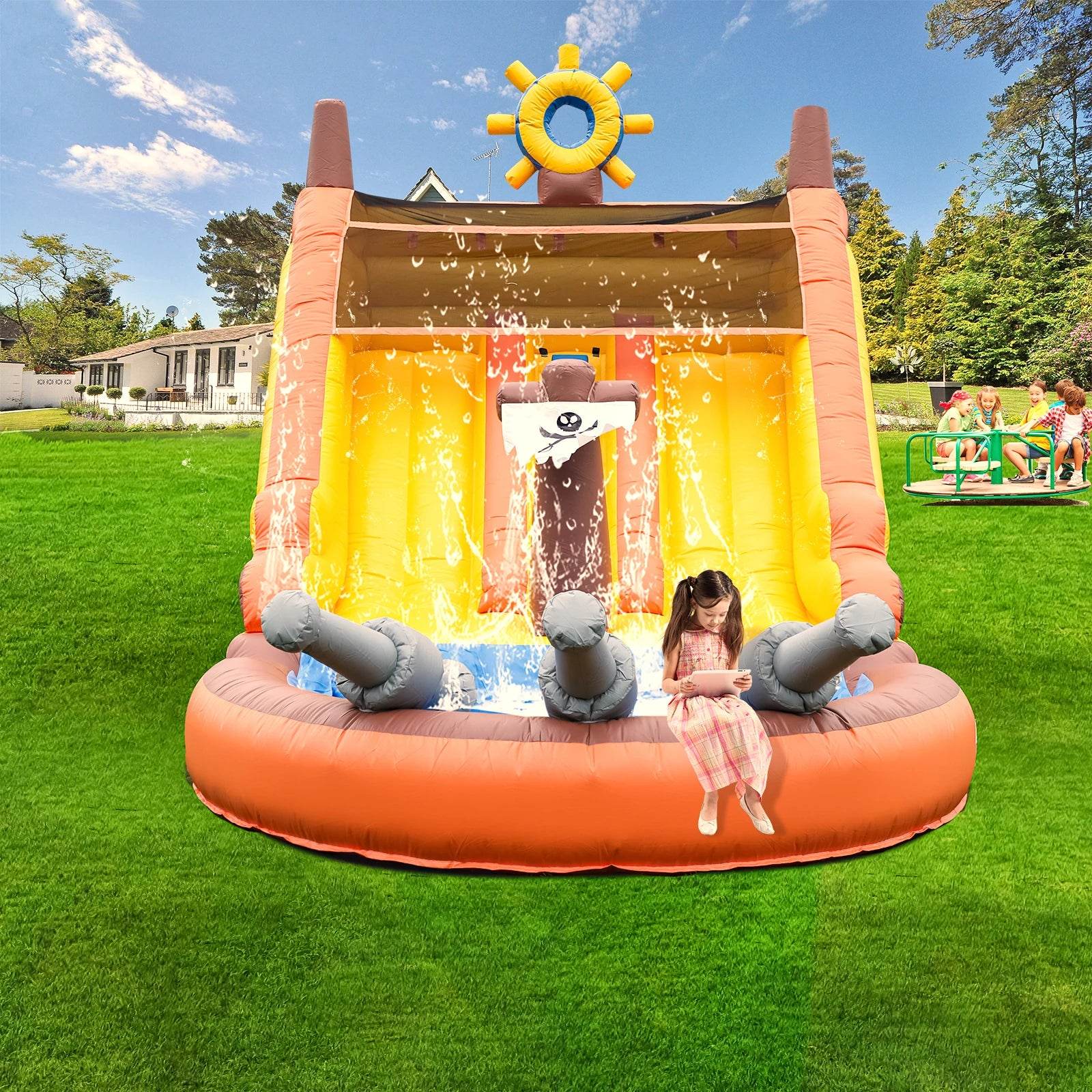 Inflatable Pirate Boat Outdoor Slides Air Bounce Water Play - ToylandEU