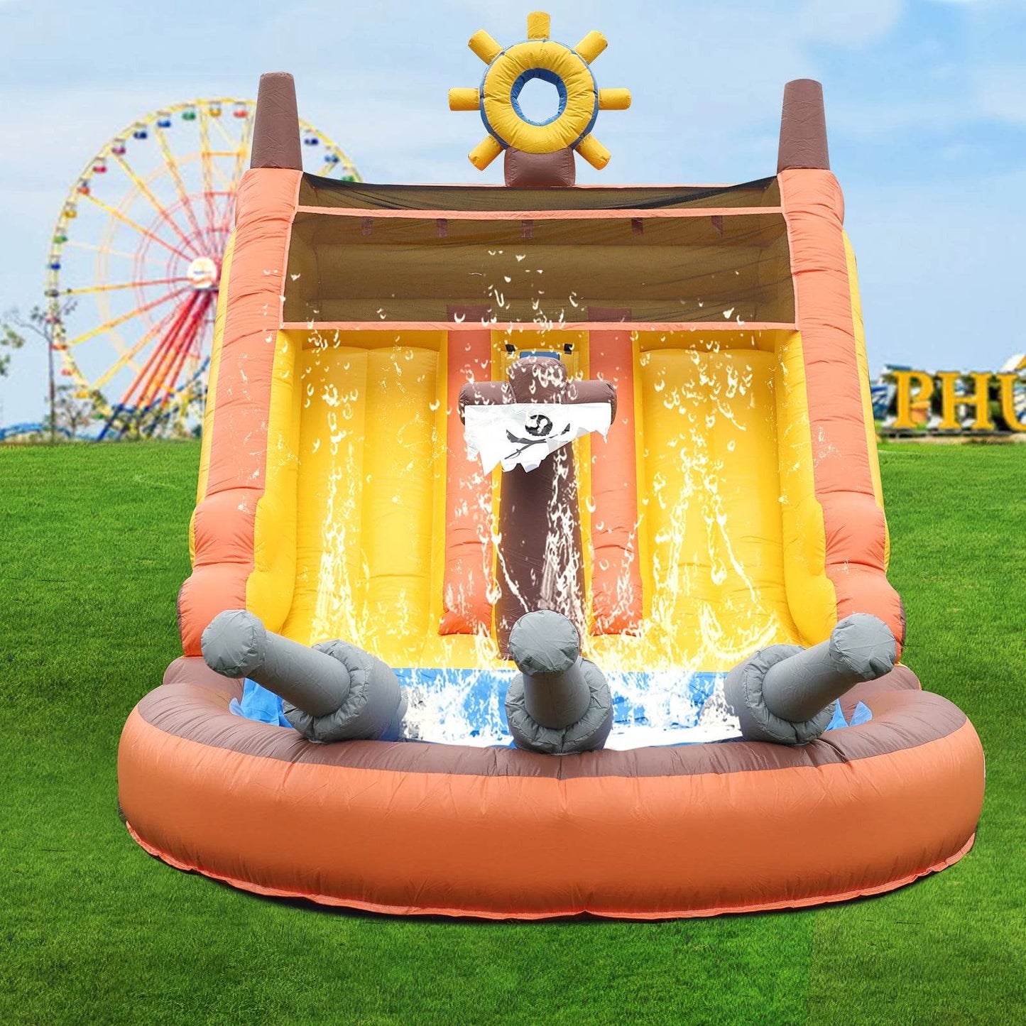 Inflatable Pirate Boat Outdoor Slides Air Bounce Water Play - ToylandEU