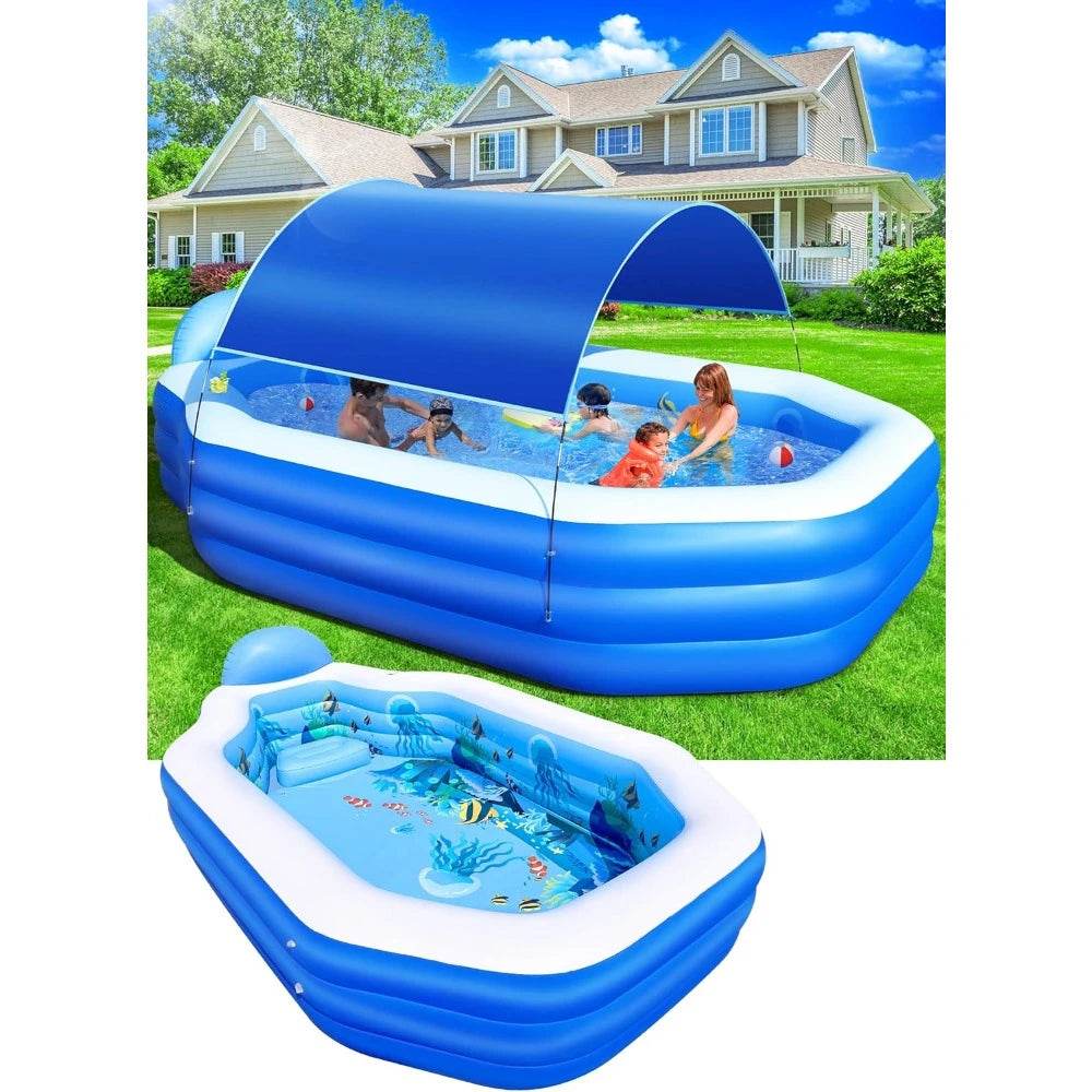 Inflatable Pool with Removable Canopy Large Inflatable Swimming Pool for Kids and Adults Blow Up Pool with Seats and Backrest Durable Thickened Material - ToylandEU