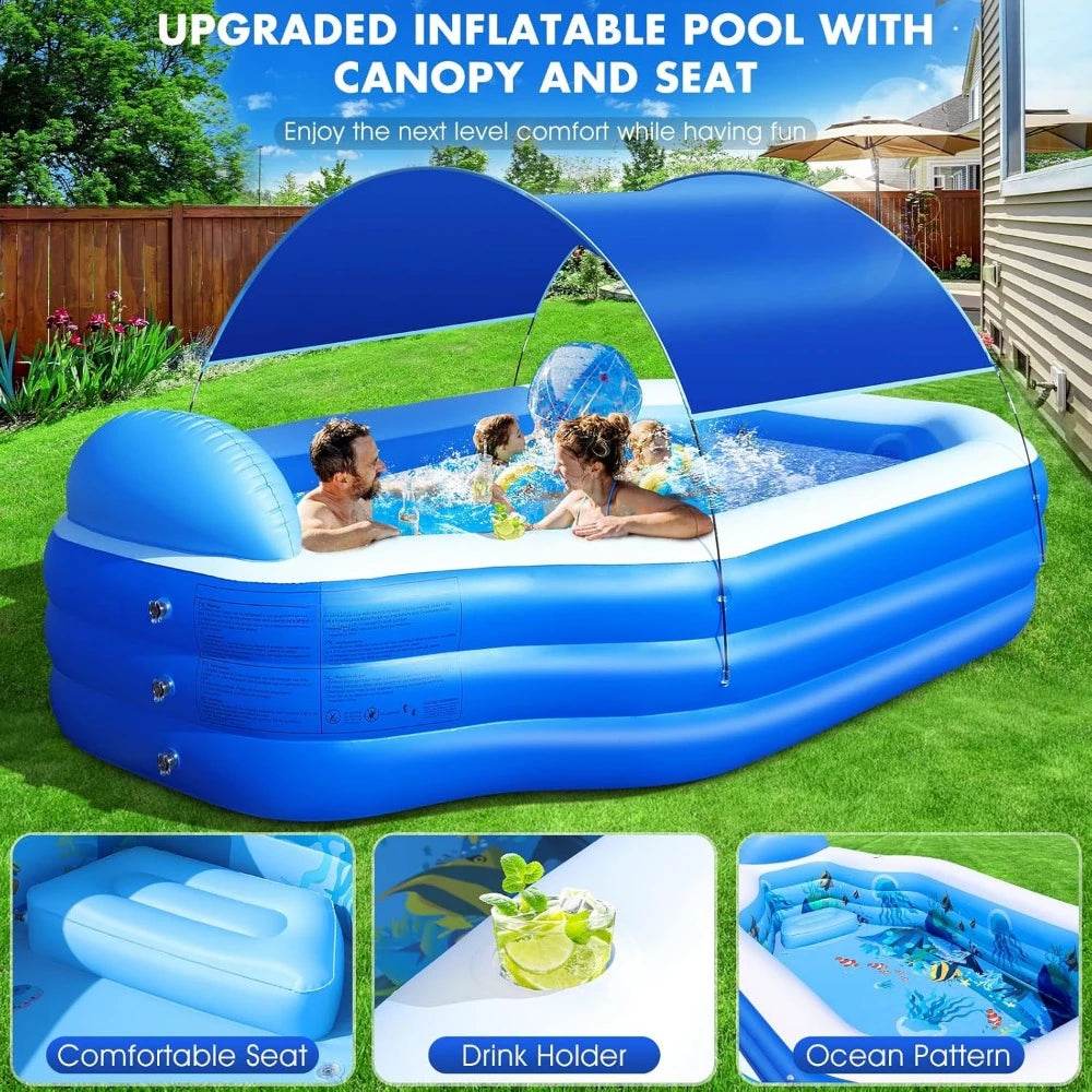 Inflatable Pool with Removable Canopy Large Inflatable Swimming Pool for Kids and Adults Blow Up Pool with Seats and Backrest Durable Thickened Material - ToylandEU