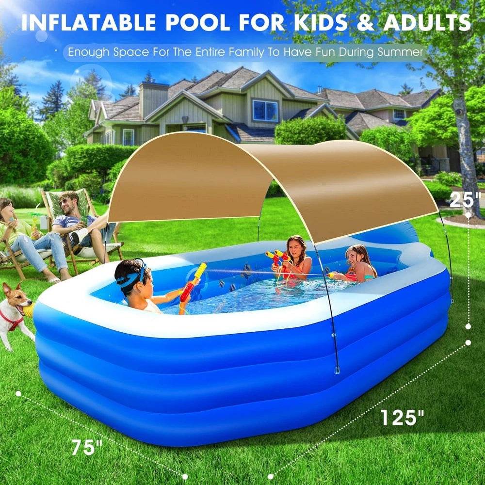 Inflatable Pool with Removable Canopy Large Inflatable Swimming Pool for Kids and Adults Blow Up Pool with Seats and Backrest Durable Thickened Material - ToylandEU