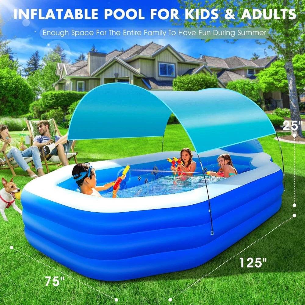 Inflatable Pool with Removable Canopy Large Inflatable Swimming Pool for Kids and Adults Blow Up Pool with Seats and Backrest Durable Thickened Material - ToylandEU