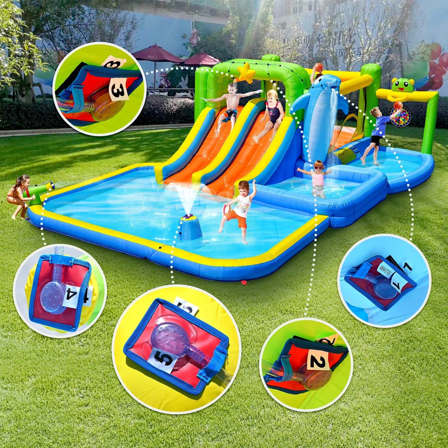 Inflatable Slide Water Park Trampoline Bouncing House Outdoor Garden For Endless Fun to Kids with Blower and Toys - ToylandEU