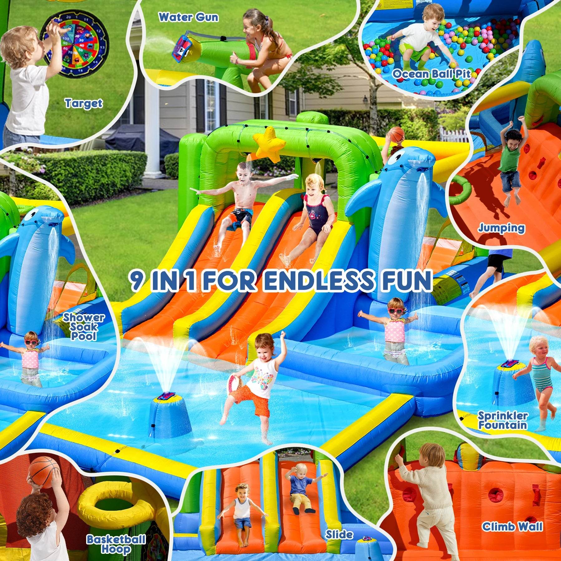 Inflatable Slide Water Park Trampoline Bouncing House Outdoor Garden For Endless Fun to Kids with Blower and Toys - ToylandEU