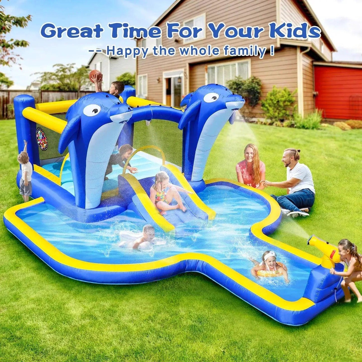  Inflatable Water Park Bounce House Dolphin Sprinkler -  ToylandEU™