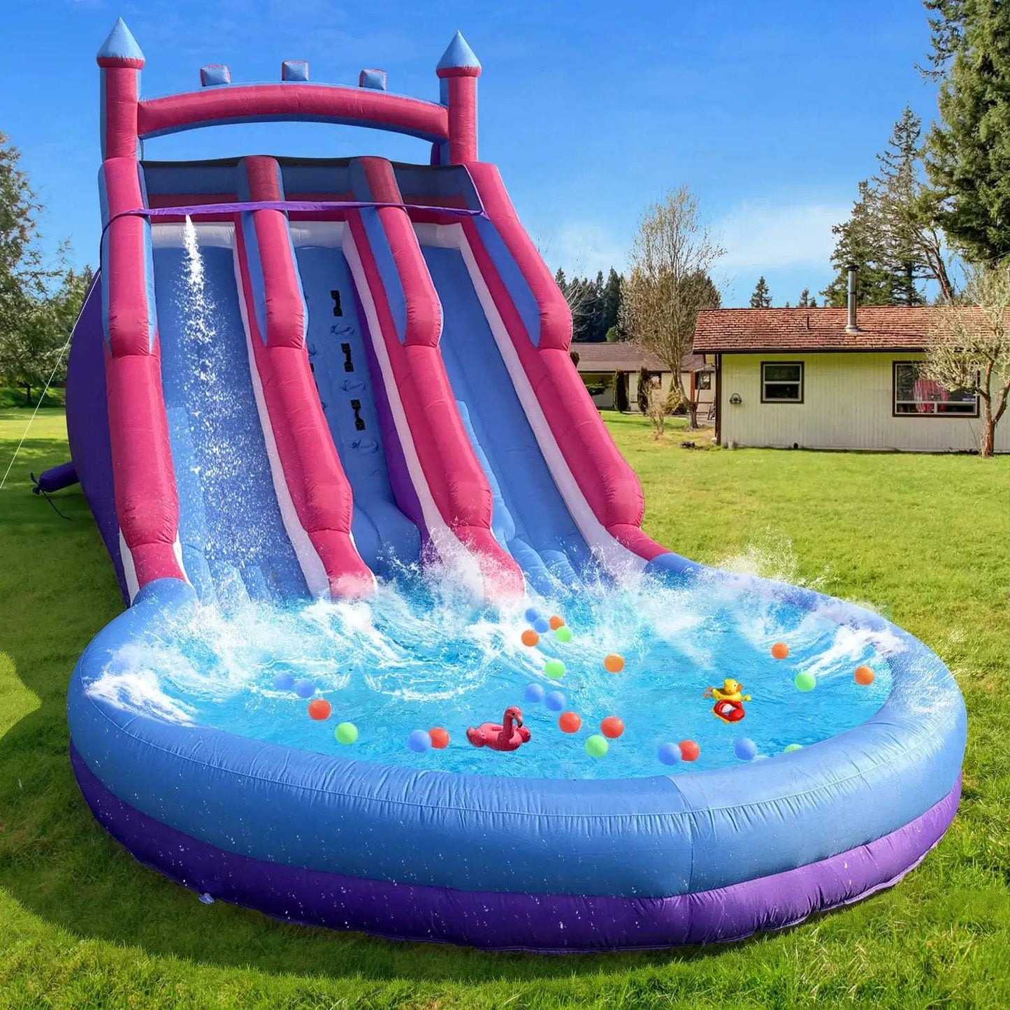  Inflatable Water Slide Pink Purple Dual Slide Outdoor Pool -  ToylandEU™