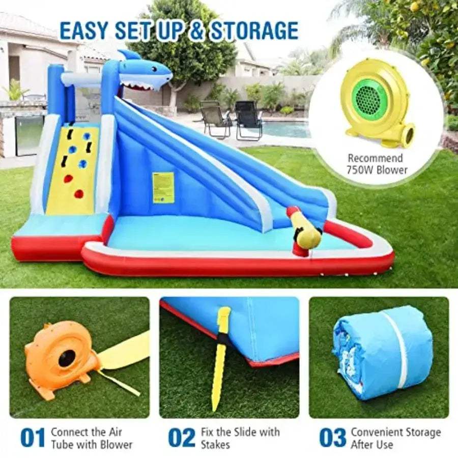 Inflatable Water Slide Shark Theme For Backyard Fun Climbing Wall - ToylandEU