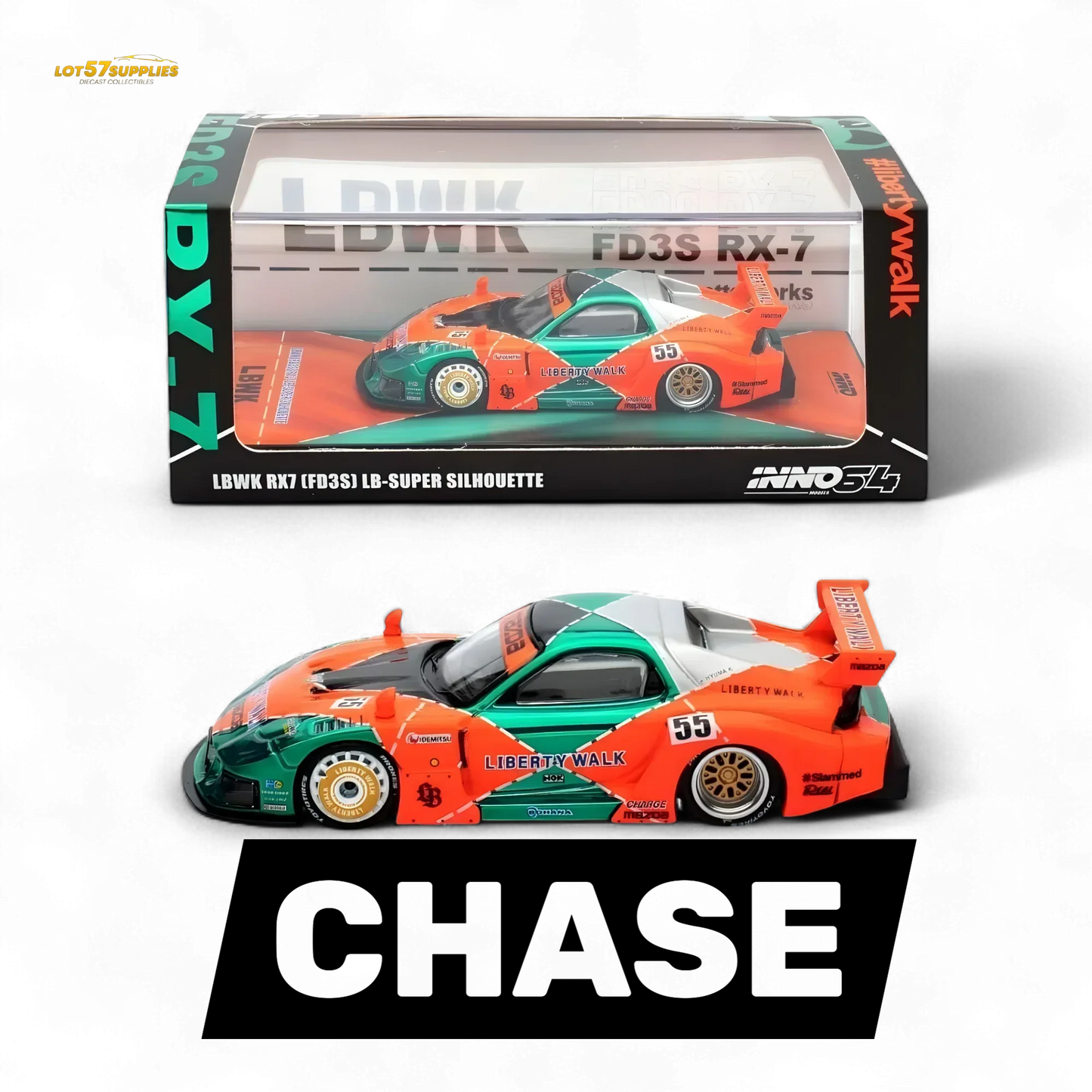 Inno64 CHASE Mazda RX-7 LBWK FD3S Orange/Green MDX 24' 1:64 - ToylandEU