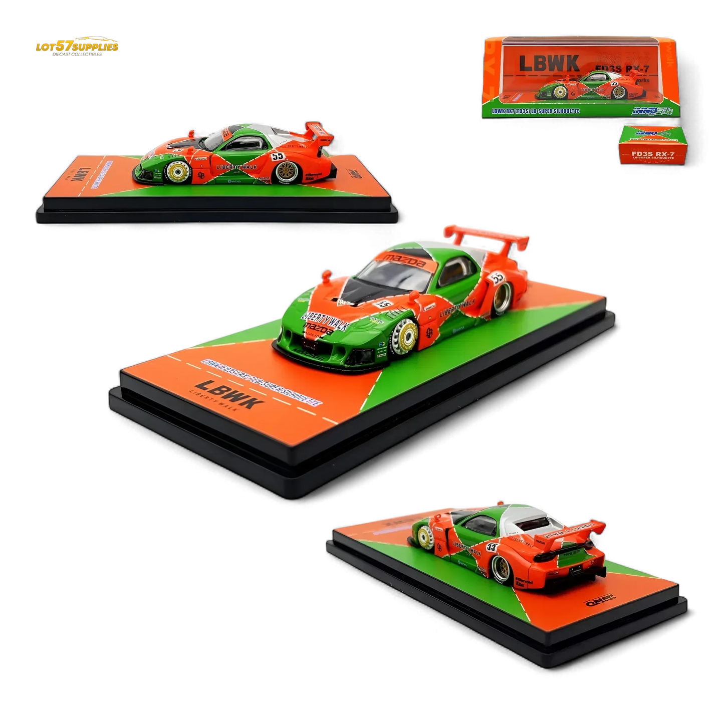 Inno64 Mazda RX-7 LBWK FD3S Orange/Green MDX 24' 1:64 IN64-LBWK-RX7-04 - ToylandEU