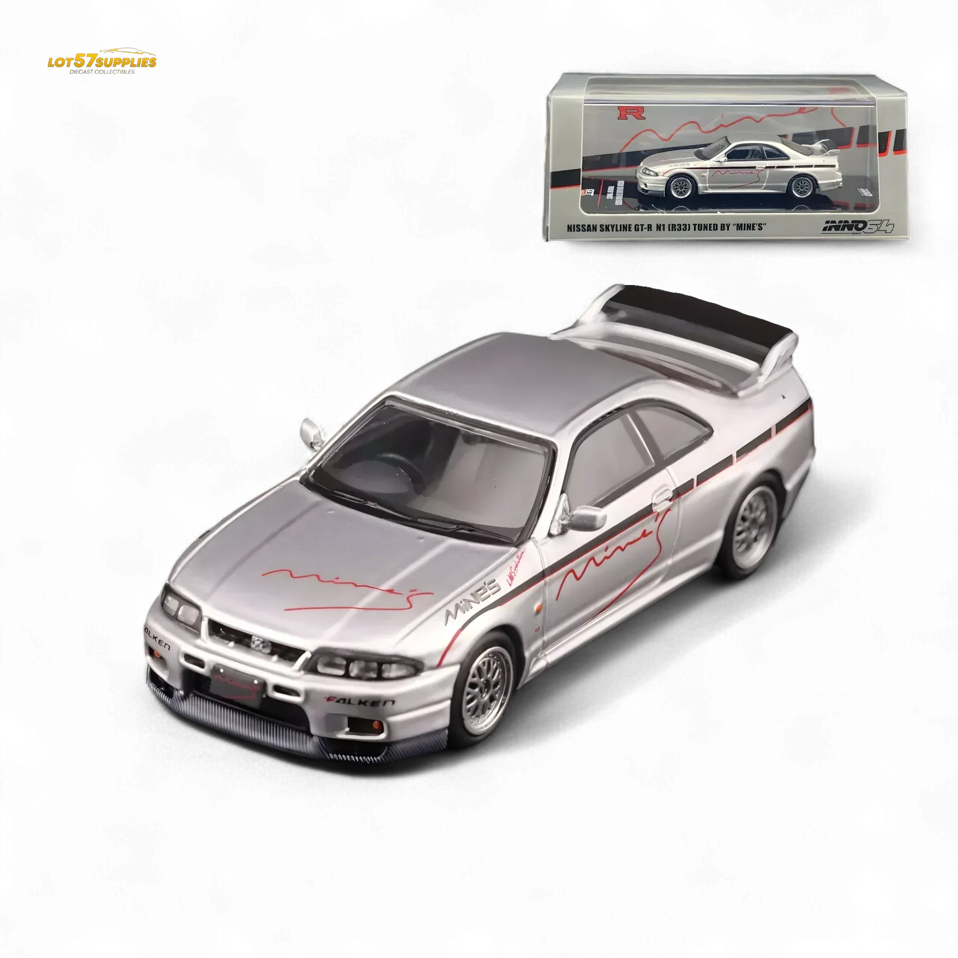 Inno64 NISSAN SKYLINE GR-R (R33) "Tuned by Mine's" Silver 1:64 - ToylandEU