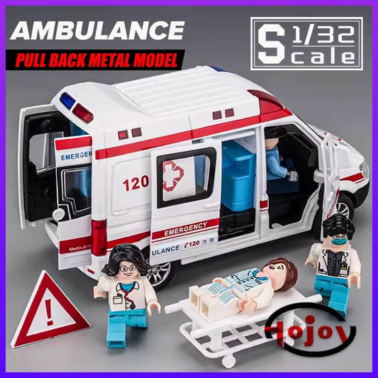 Interactive 1/32 Scale Alloy Ambulance Toy Car with Doll & Stretcher - Sound, Lights & Pull-Back Action - ToylandEU