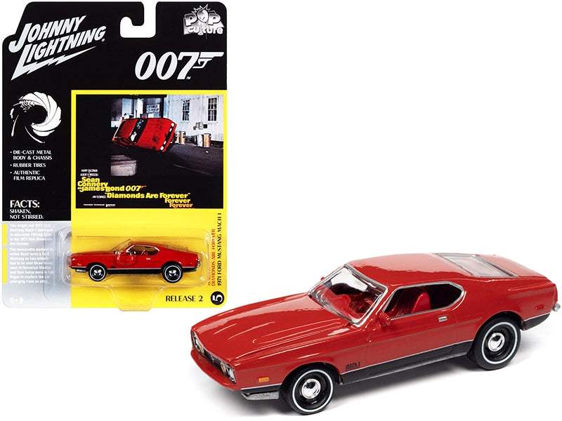 1971 Ford Mustang Mach 1 Bright Red with Black Bottom (James Bond 007) | 1/64 Diecast Model Car | Johnny Lightning | Diamonds Are Forever Series