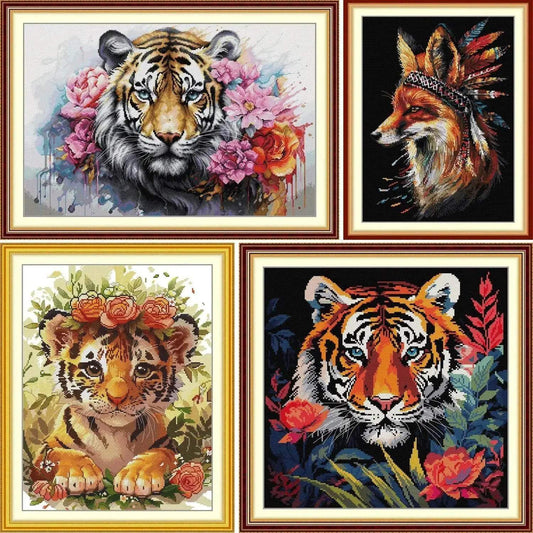  Joy Sunday Beginner's Cross Stitch Kit - Easy Tiger & Fox Pattern on Aida Fabric with DMC Threads -  ToylandEU™