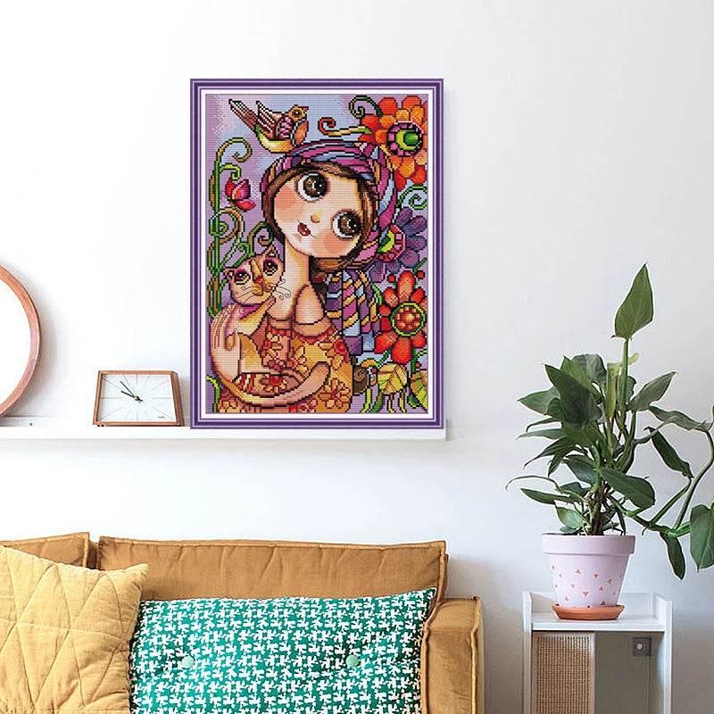 Joy Sunday DIY Kreuzstich-Set „Mädchen mit großen Augen“ – 16 Stiche, 14 Stiche, 11 Stiche, handgefertigte Handarbeiten für Heimdekoration und Geschenke – ToylandEU