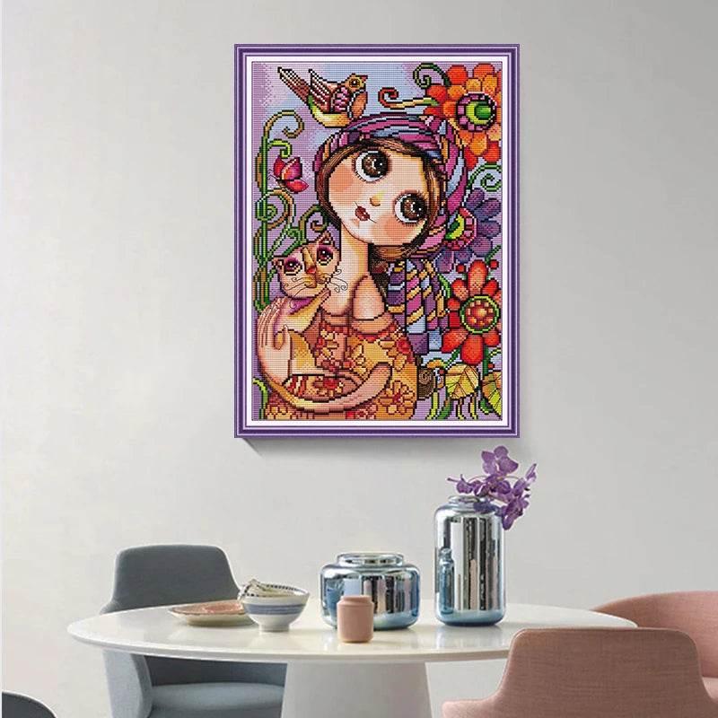 Joy Sunday DIY Kreuzstich-Set „Mädchen mit großen Augen“ – 16 Stiche, 14 Stiche, 11 Stiche, handgefertigte Handarbeiten für Heimdekoration und Geschenke – ToylandEU