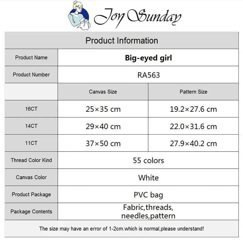 Joy Sunday DIY Kreuzstich-Set „Mädchen mit großen Augen“ – 16 Stiche, 14 Stiche, 11 Stiche, handgefertigte Handarbeiten für Heimdekoration und Geschenke – ToylandEU