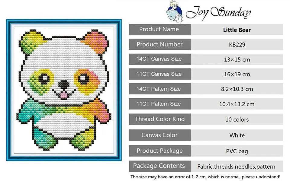Joy Sunday Mini Cross Stitch Kit - Cartoon Animal Series 14CT & 11CT DIY Embroidery Set for Kids - ToylandEU