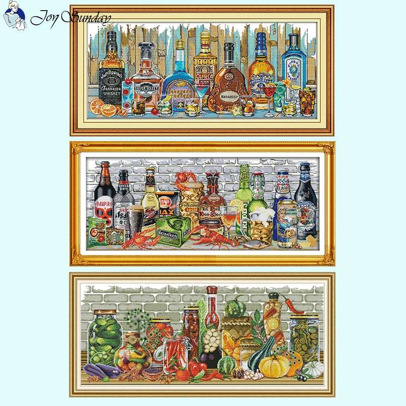 Joy Sunday Wine Bottle Themed Cross Stitch Kits - 14ct, 16ct, 11ct White Fabric DIY Embroidery Set for Home Decor - ToylandEU