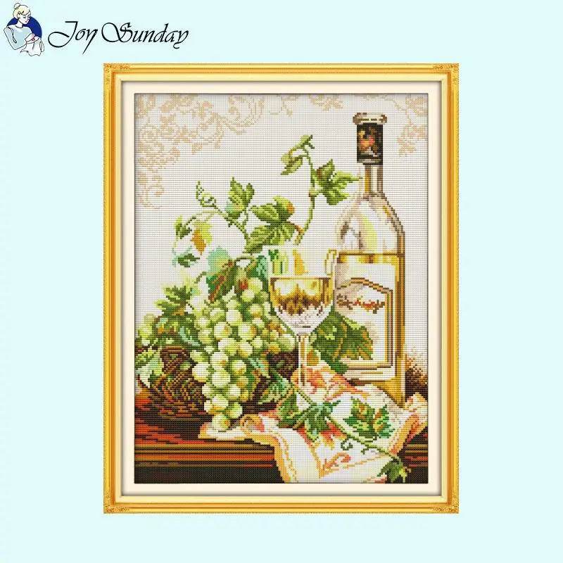 Joy Sunday Wine Bottle Themed Cross Stitch Kits - 14ct, 16ct, 11ct White Fabric DIY Embroidery Set for Home Decor - ToylandEU