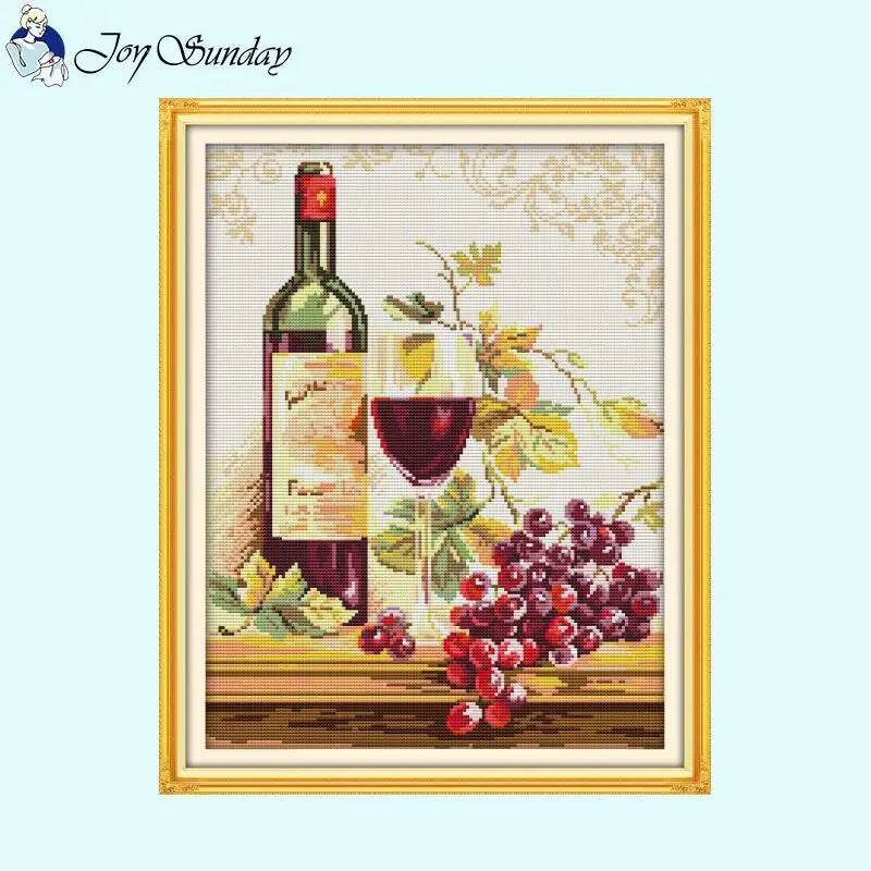 Joy Sunday Wine Bottle Themed Cross Stitch Kits - 14ct, 16ct, 11ct White Fabric DIY Embroidery Set for Home Decor - ToylandEU