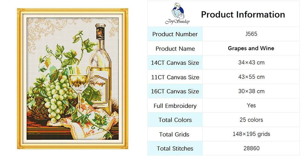Joy Sunday Wine Bottle Themed Cross Stitch Kits - 14ct, 16ct, 11ct White Fabric DIY Embroidery Set for Home Decor - ToylandEU