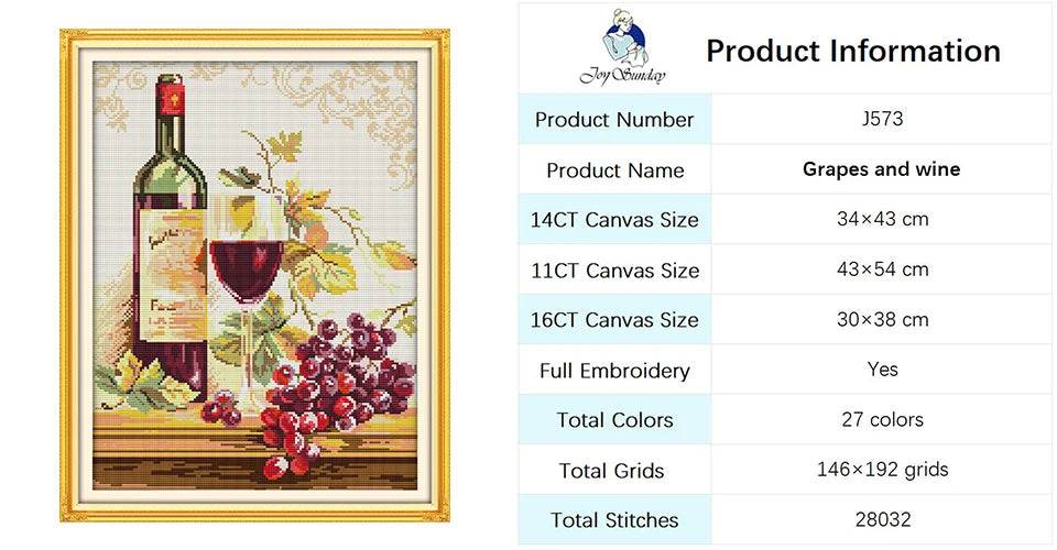 Joy Sunday Wine Bottle Themed Cross Stitch Kits - 14ct, 16ct, 11ct White Fabric DIY Embroidery Set for Home Decor - ToylandEU
