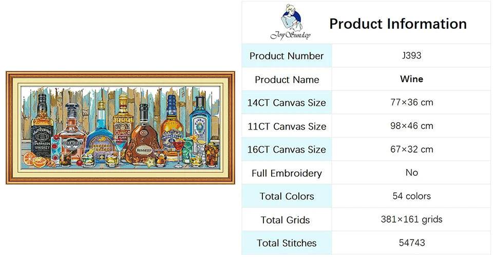 Joy Sunday Wine Bottle Themed Cross Stitch Kits - 14ct, 16ct, 11ct White Fabric DIY Embroidery Set for Home Decor - ToylandEU