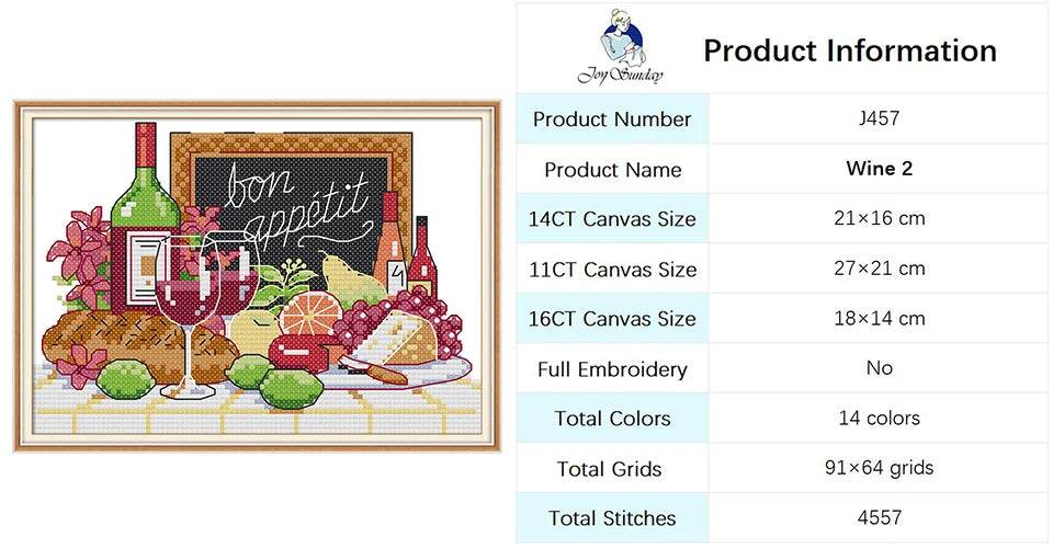 Joy Sunday Wine Bottle Themed Cross Stitch Kits - 14ct, 16ct, 11ct White Fabric DIY Embroidery Set for Home Decor - ToylandEU