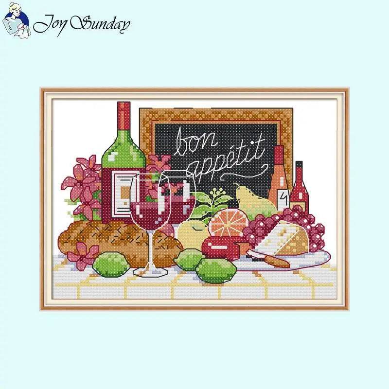 Joy Sunday Wine Bottle Themed Cross Stitch Kits - 14ct, 16ct, 11ct White Fabric DIY Embroidery Set for Home Decor - ToylandEU