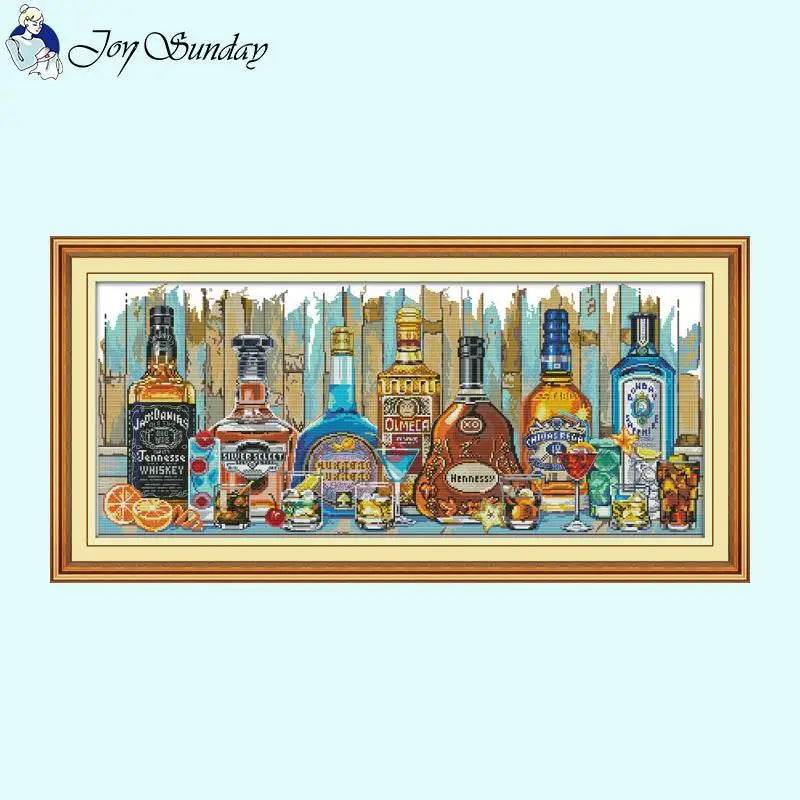Joy Sunday Wine Bottle Themed Cross Stitch Kits - 14ct, 16ct, 11ct White Fabric DIY Embroidery Set for Home Decor - ToylandEU