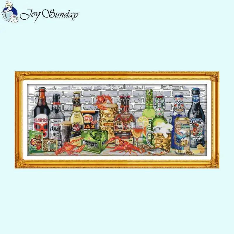 Joy Sunday Wine Bottle Themed Cross Stitch Kits - 14ct, 16ct, 11ct White Fabric DIY Embroidery Set for Home Decor - ToylandEU