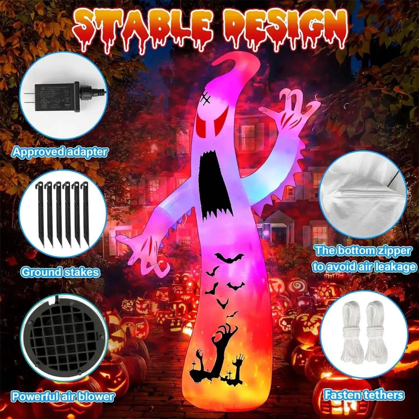 Joyfy Giant 12Ft Ghost Halloween Inflatable With Colorful Lights - ToylandEU